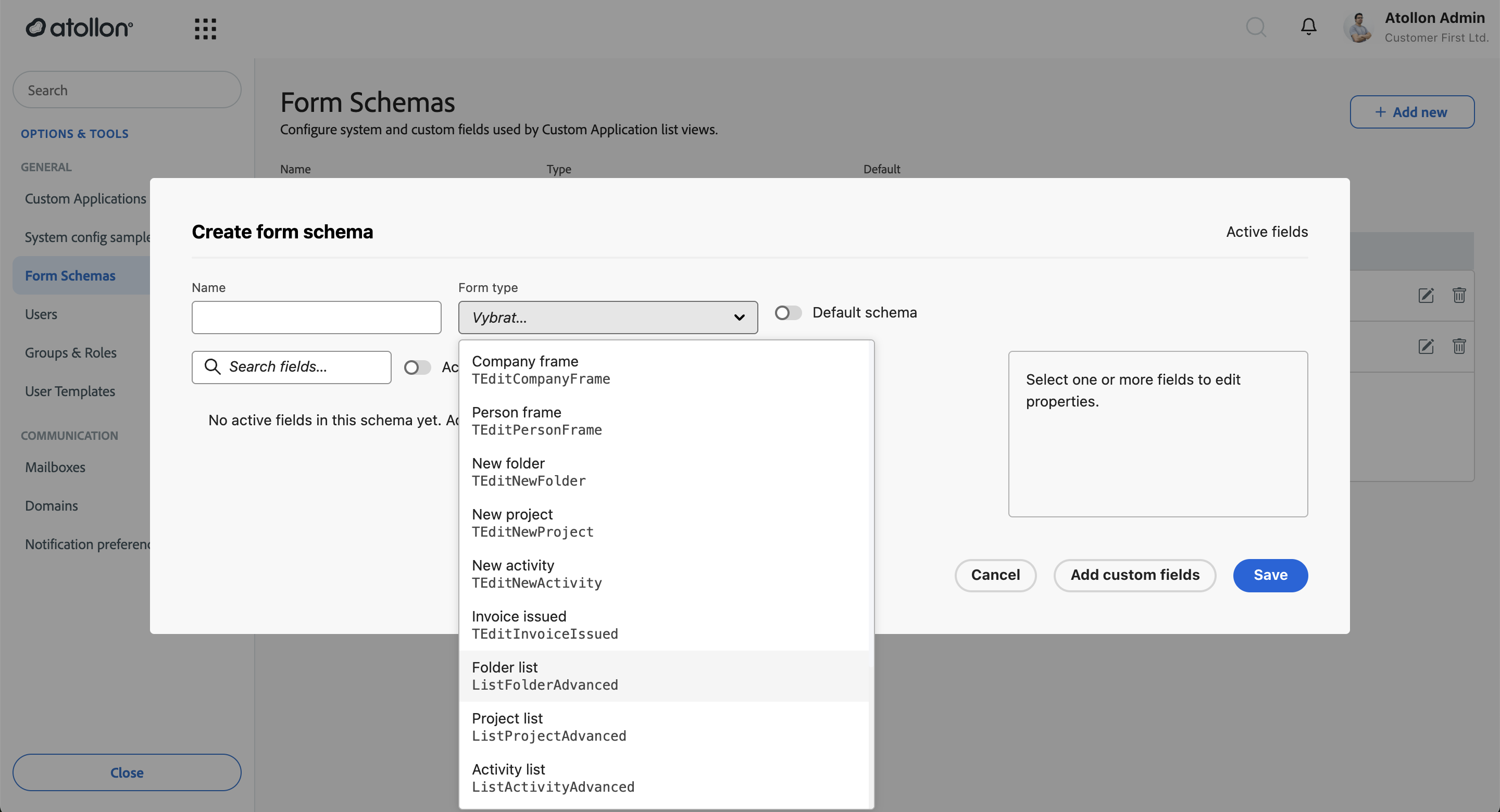 Create form schema — choosing the form type