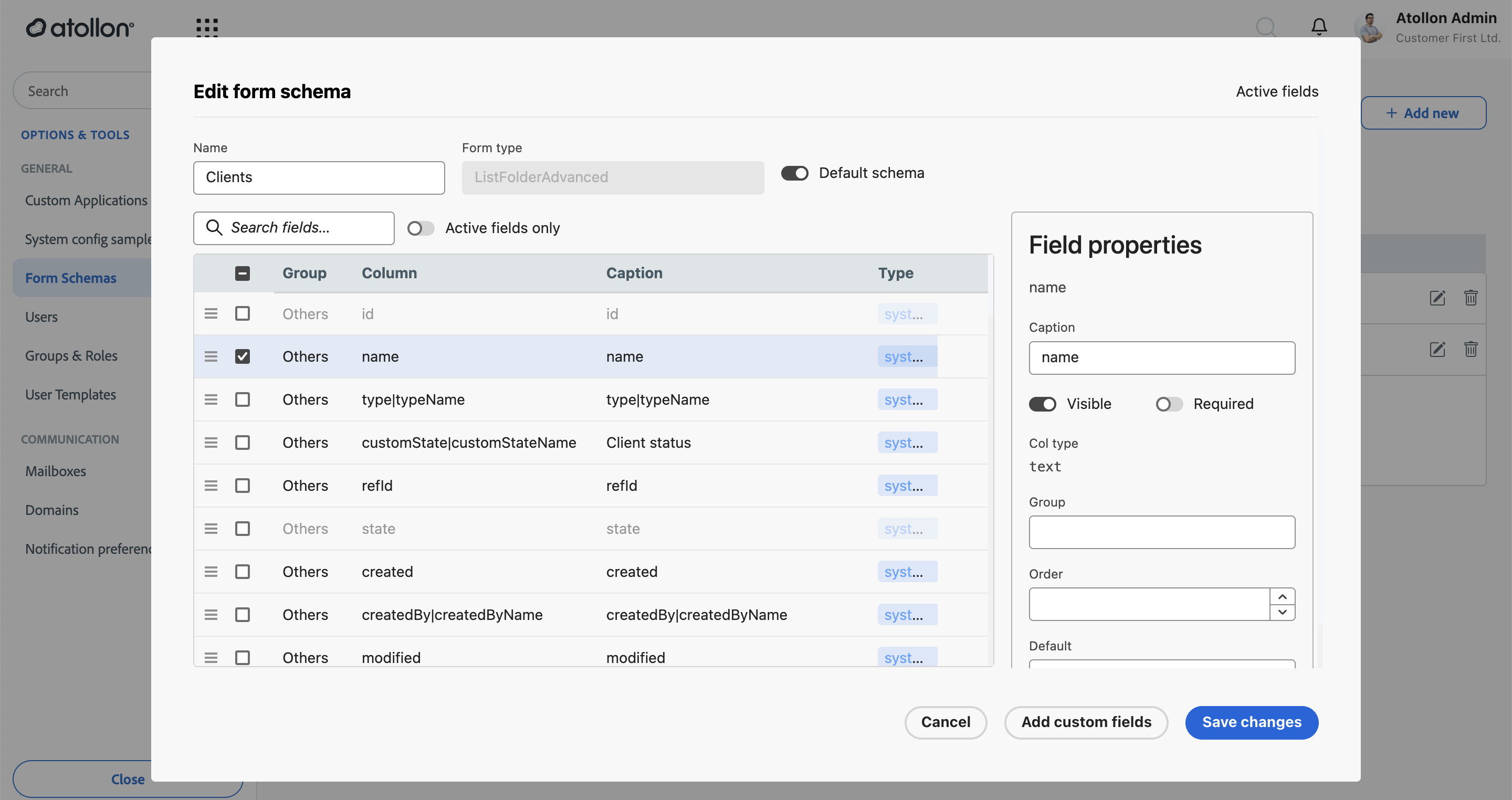 Edit form schema — folder-list fields and field properties