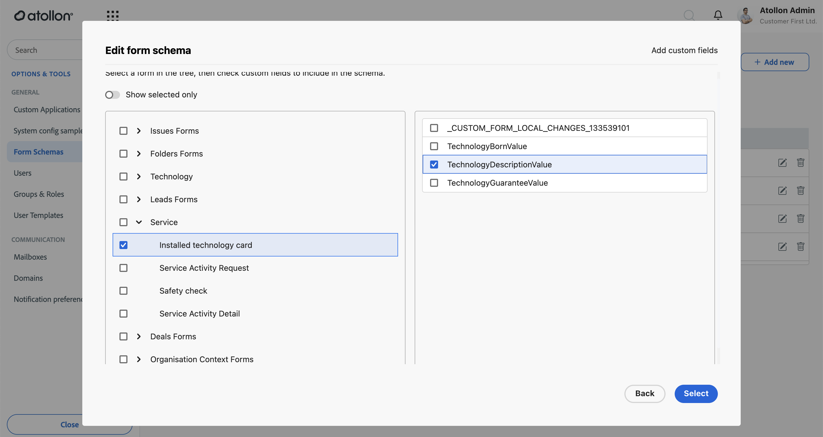 Add custom fields — browsing custom forms and picking fields