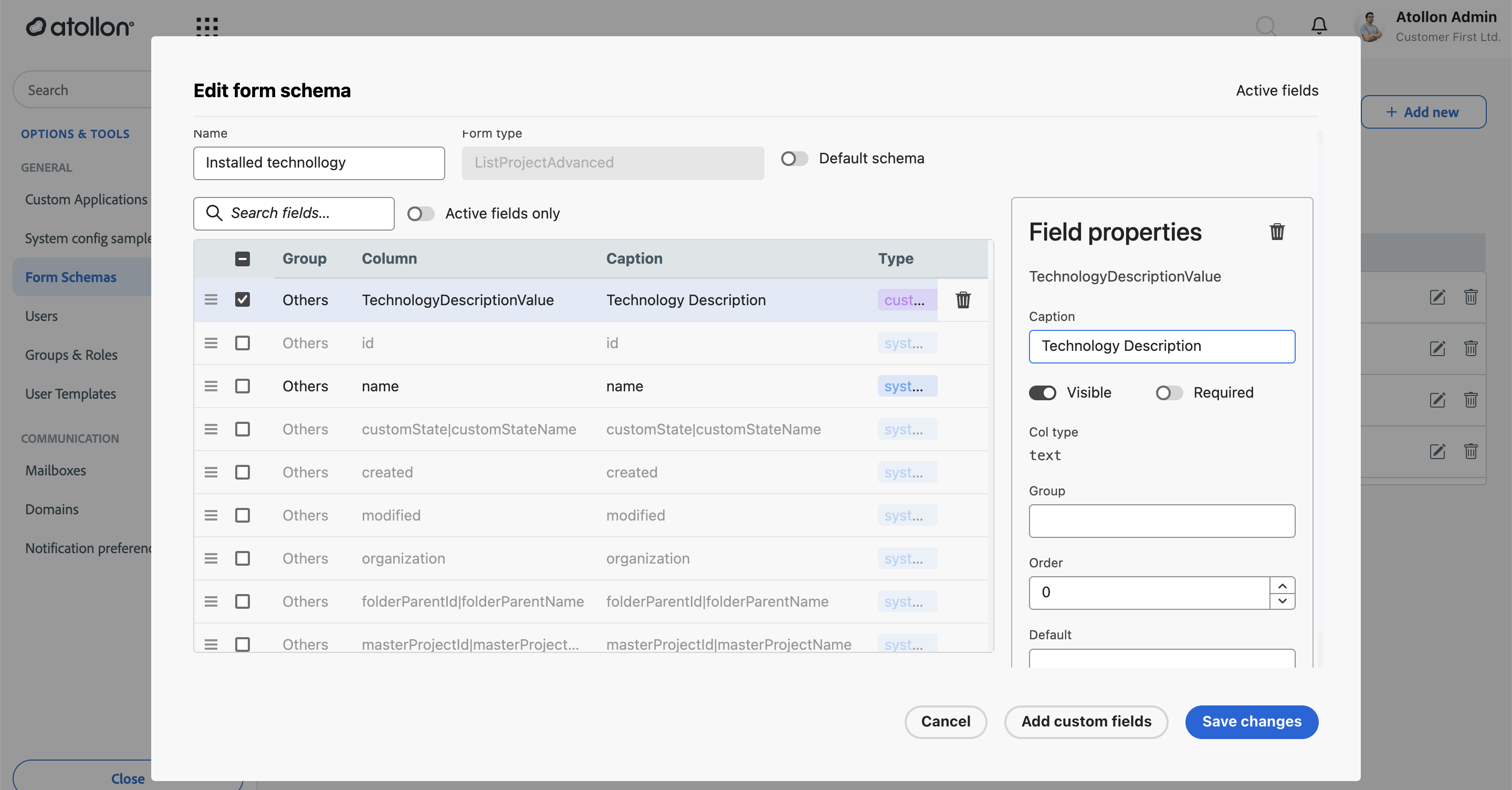 Custom field activated with caption and visibility